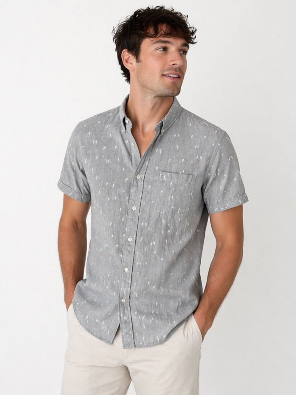 Abercrombie & Fitch Gray Short Sleeve Button Down Shirt canary Patterned Casual
